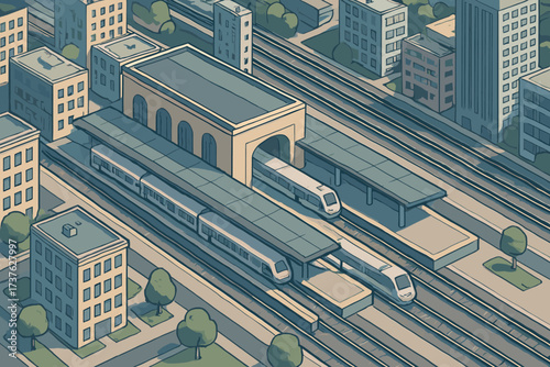 Isometric trains blocks extending station vector platforms nearby illustration tracks railway cityscape