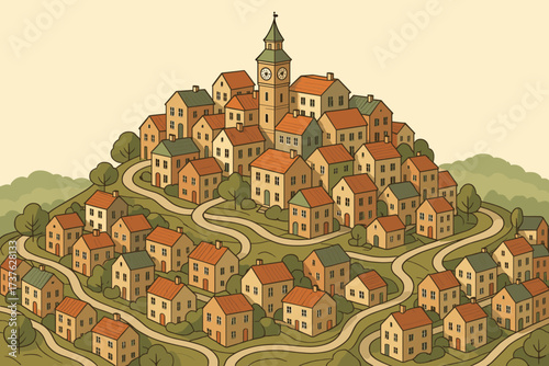 Central illustration vector city clock winding terraced cityscape tower hilltop streets houses