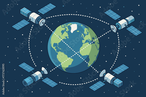 Network linking dotted vector space earth communication them beams satellite illustration together