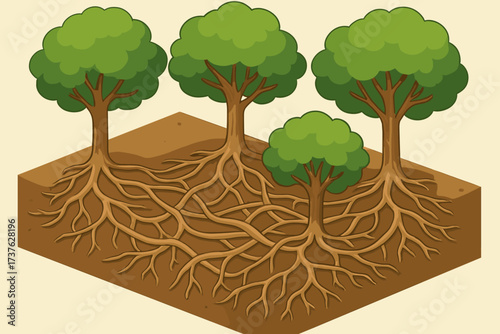 Organic shared several vector roots network underground root tree forming illustration between