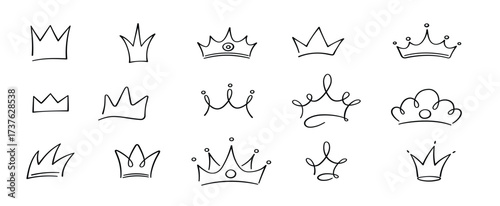 Hand drawn doodle crowns set. King crown sketches, majestic tiara, king and queen royal diadems. Vector illustration isolated in doodle style vector