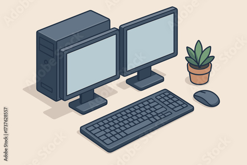 Vector computer dual monitors mouse illustration small isometric setup desktop potted