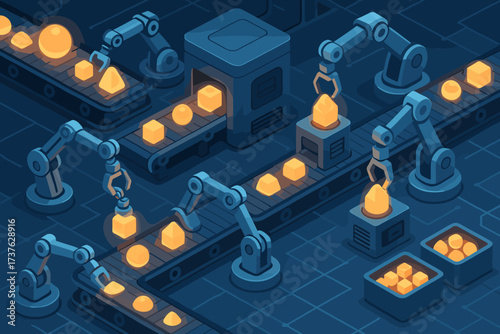 Objects abstract glowing arms factory conveyor illustration assembling robotic vector futuristic