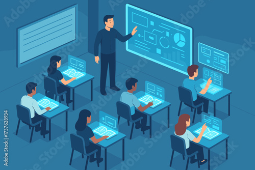 Floating guiding displays classroom where futuristic holographic vector students illustration books