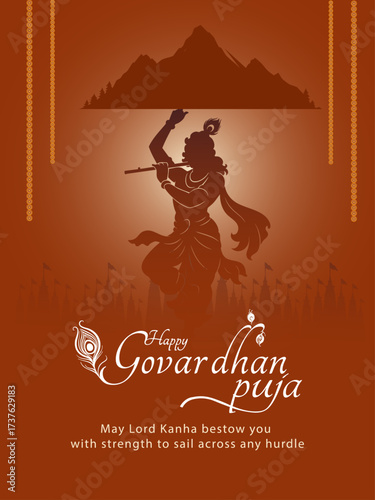 Silhouette of Lord Krishna lifting Govardhan Hill with flute on Govardhan Puja festival greeting background