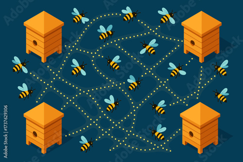Patterns connecting glowing vector bees flight illustration bee dotted flying hives paths