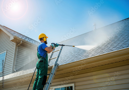 Worker cleaning house roof with high pressure washer