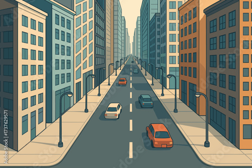 Cars buildings becoming perspective sides horizon both toward vector isometric cityscape illustration