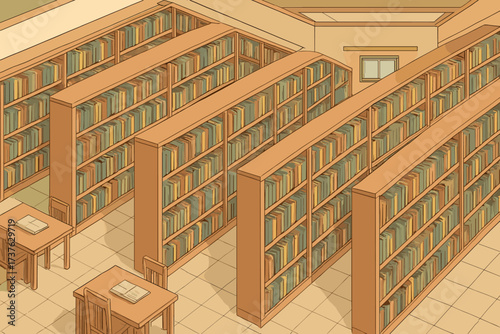 Toward rows receding isometric library long vector illustration filled wall shelves interior