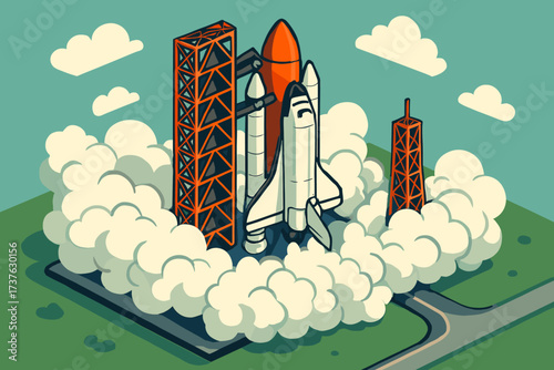 Vector rising launch preparation takeoff pad illustration spaceship towers clouds smoke