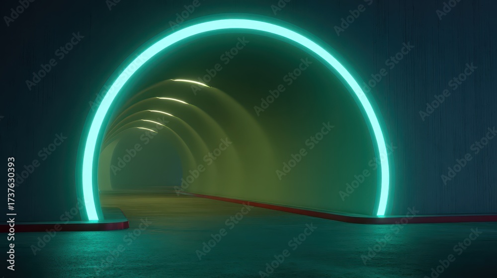 Naklejka premium Futuristic Tunnel with Neon Light Glowing in a Dark Space