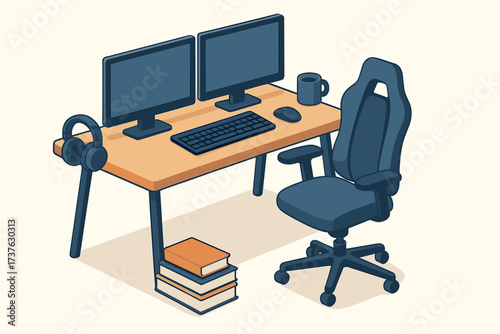 Stacked vector workstation nearby ergonomic illustration books headphones monitor isometric setup chair