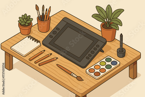 Tablet artist illustration creative vector drawing paintbrushes indoor small pencils table s