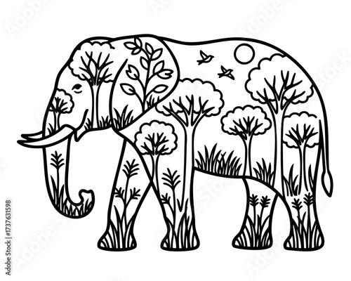 Creative line art of an elephant silhouette with a double exposure effect of a forest landscape inside