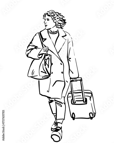 Minimal line art vector of a woman in coat with suitcase and bag, walking confidently, symbolizing travel, journey, airport departure, city trip or vacation