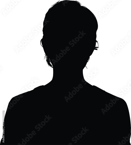 Silhouette of person with short hair, faceless black outline, upper body portrait on white background, anonymous human figure illustration