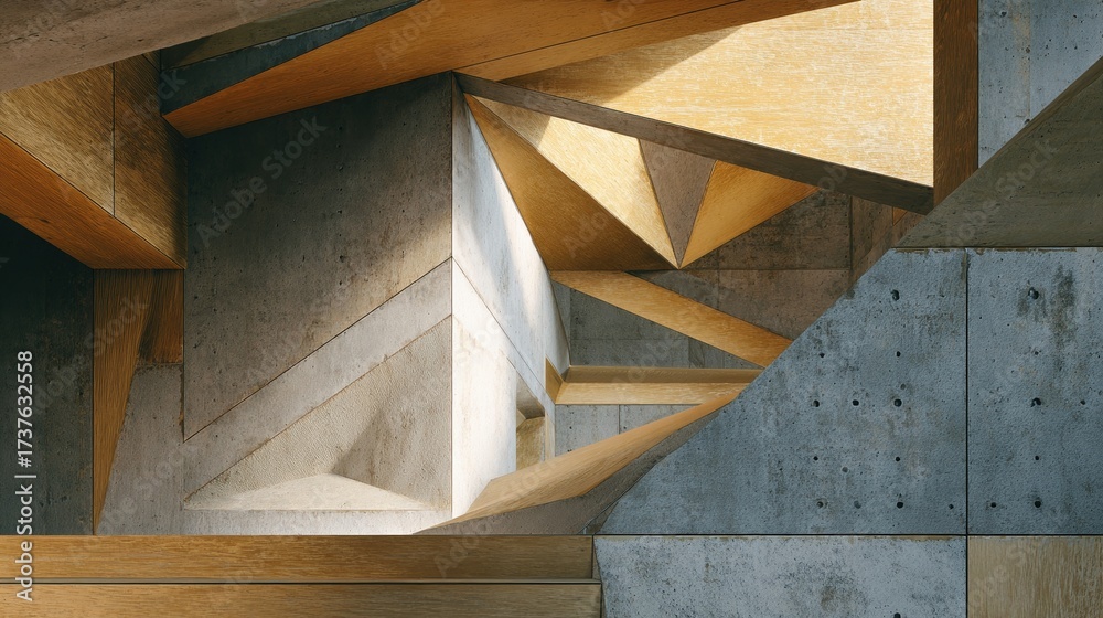 Fototapeta premium Dynamic contemporary architectural interior featuring concrete and wooden elements.