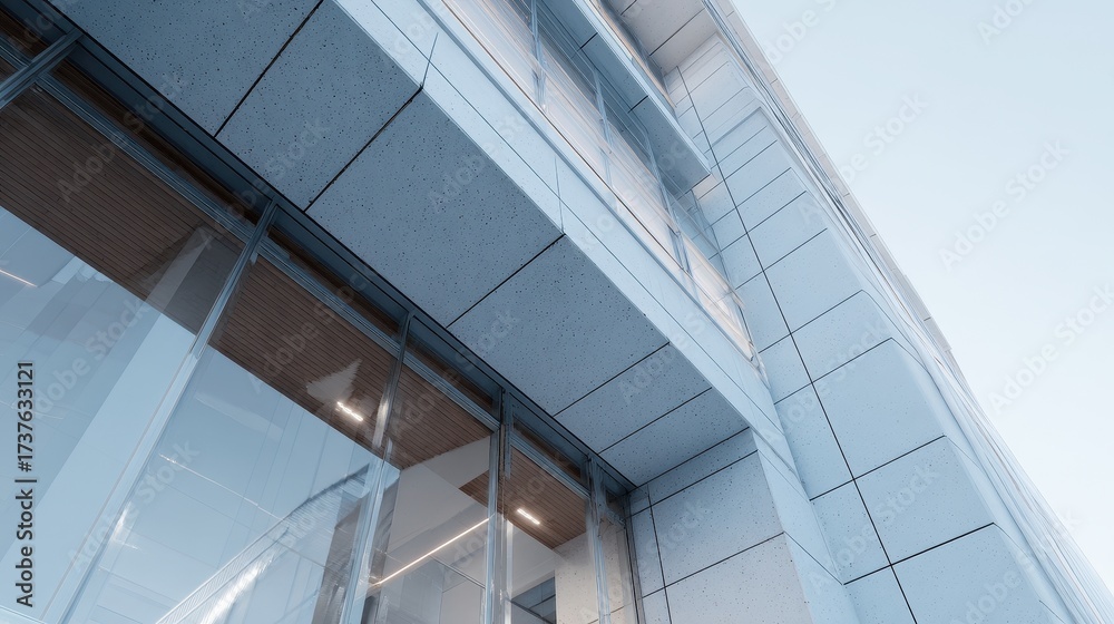 Obraz premium Modern contemporary building exterior with glass facade and textured panels.