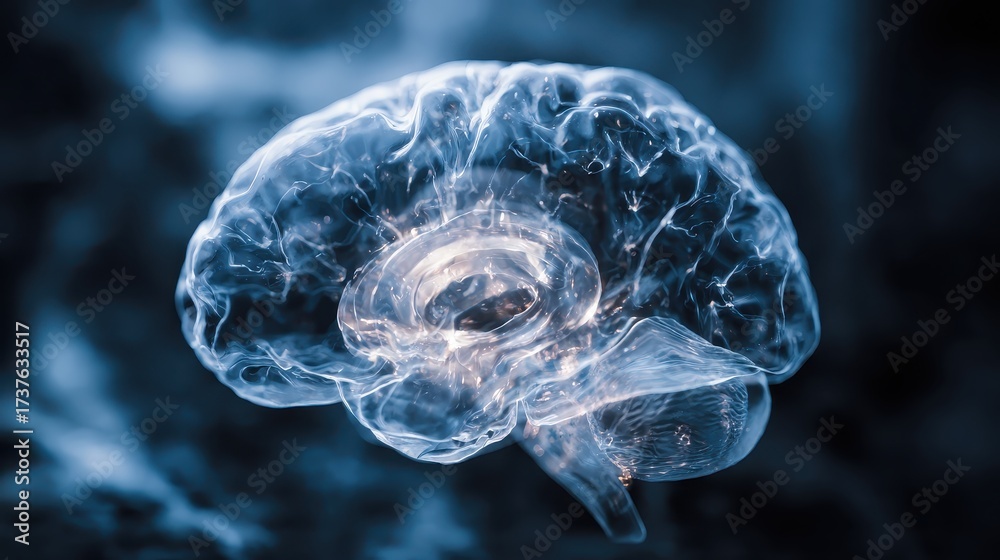 Obraz premium Glowing Transparent Brain Visualization Demonstrating Neural Networks