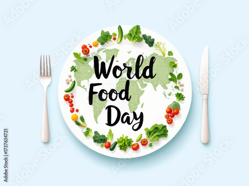 Flat vector illustration World Food Day with typography, plate globe design and vegetables on blue background, clean minimal style for awareness concept