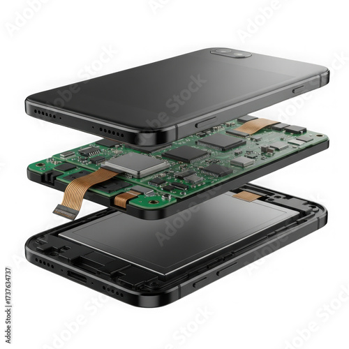Exploded view of a smartphone showing internal components, isolated on transparent background