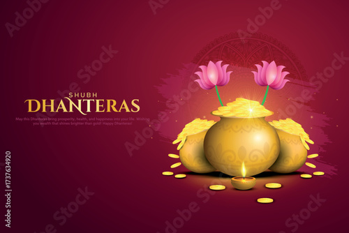 Happy Dhanteras poster template design with gold coin in pot and decorative diya lamp. Indian festival Dhanteras creative vector design.