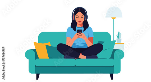 Woman Relaxing on Sofa with Headphones and Smartphone