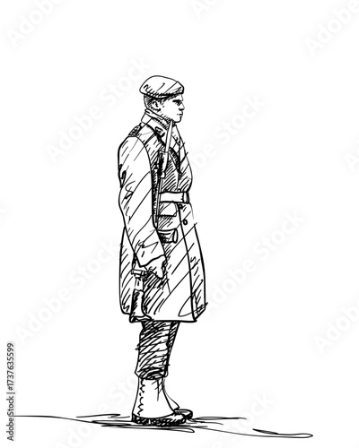 Side view of Stockholm royal guard in warm uniform hand drawn illustration. Vector sketch in black and white, symbolizing tradition and discipline