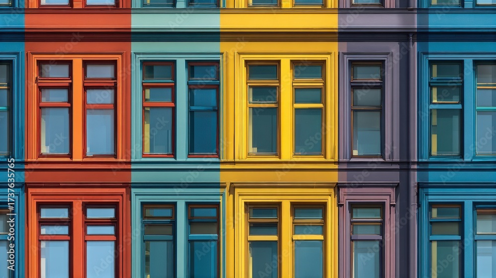 Row of Colorful European-Style Building Facades with Ornate Windows