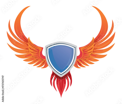 Victorious Champion Shield with a Blue Escutcheon, Framed by Fiery Red and Orange Wings, Set on a Triumphant Medal Ribbon