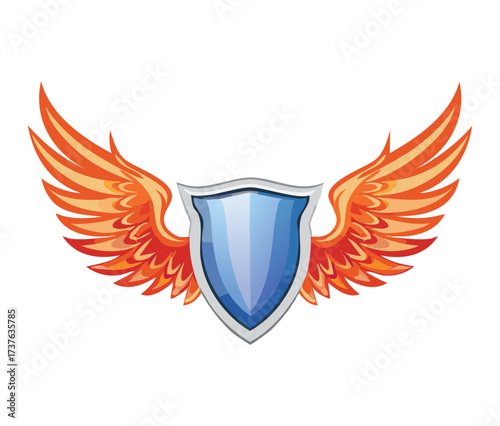 Divine Protector Shield with a Central Blue Escutcheon, Flanked by Symmetrical, Fiery Orange and Red Angel Wings of Valour