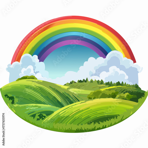 countryside hilly landscape with dark clouds and a vibrant rainbow
