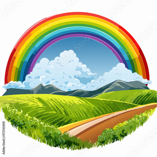 countryside hilly landscape with dark clouds and a vibrant rainbow