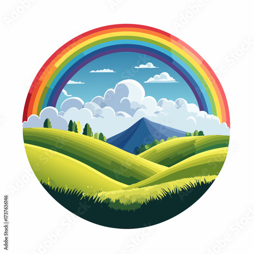 countryside hilly landscape with dark clouds and a vibrant rainbow