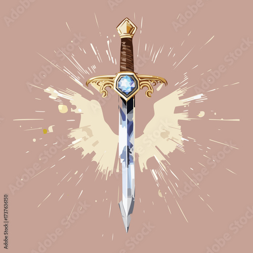 Enchanted Dagger with a Radiant Gemstone, Bursting with Mystical Energy Against a Dynamic, Artistic Splatter Background, Fantasy Weapon