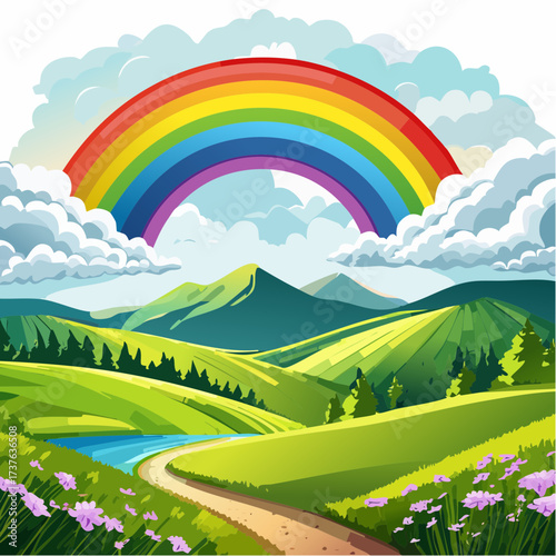 countryside hilly landscape with dark clouds and a vibrant rainbow