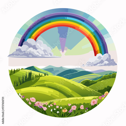countryside hilly landscape with dark clouds and a vibrant rainbow