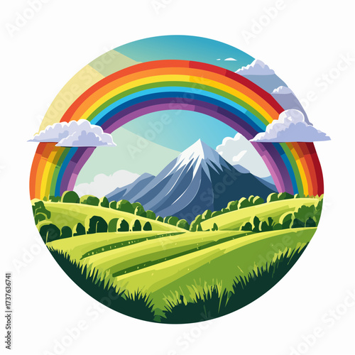 countryside hilly landscape with dark clouds and a vibrant rainbow
