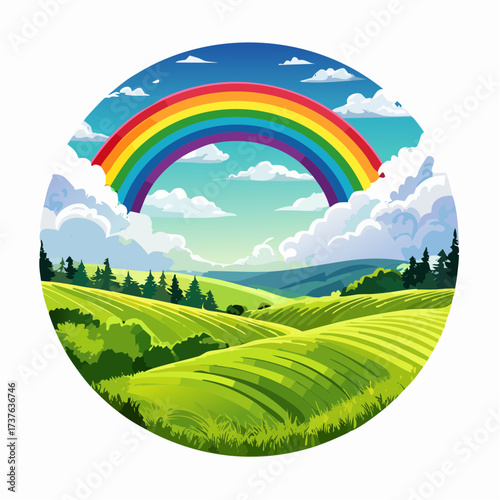 countryside hilly landscape with dark clouds and a vibrant rainbow