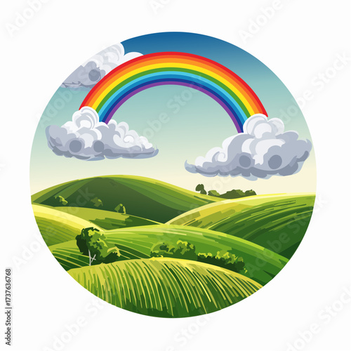countryside hilly landscape with dark clouds and a vibrant rainbow