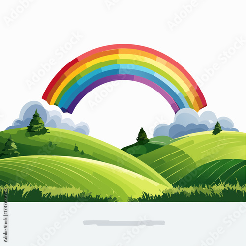 countryside hilly landscape with dark clouds and a vibrant rainbow