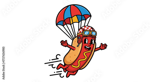 Cartoon hot dog character parachuting with happy expression and racing helmet adventure