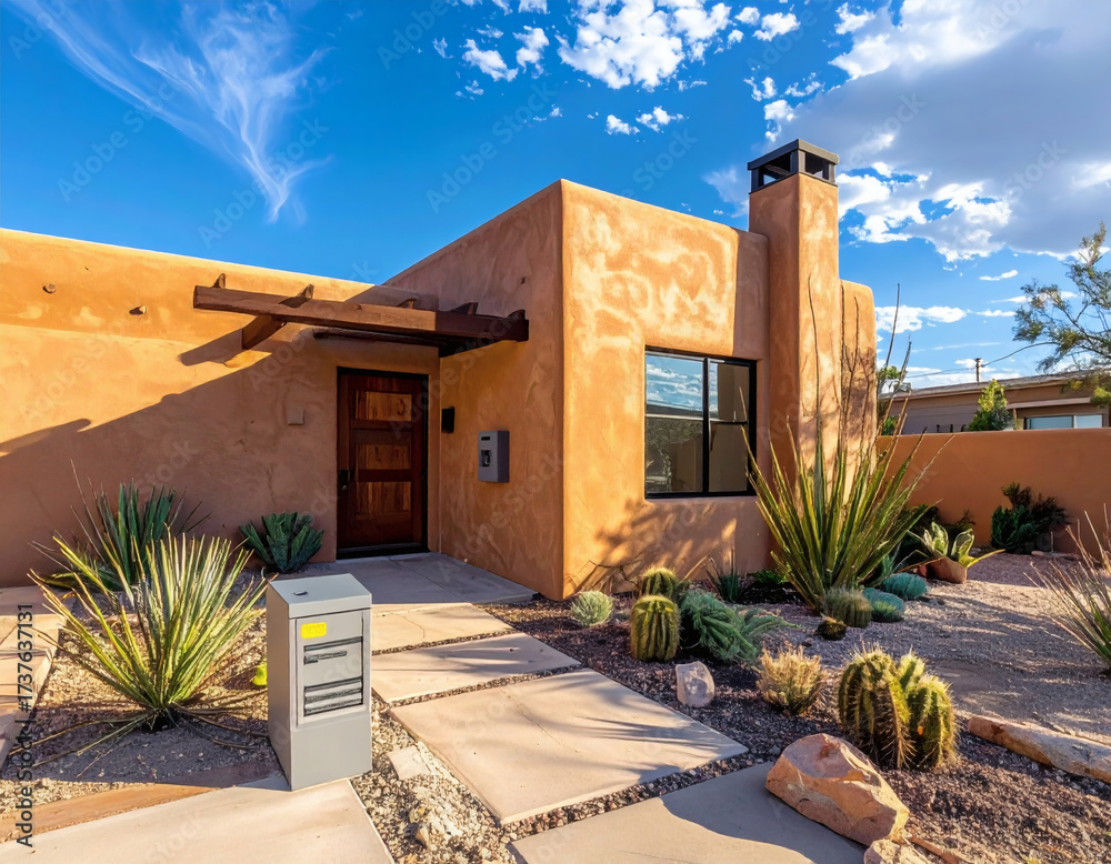 Fototapeta premium Southwestern adobe-style house entrance with xeriscape and small outdoor equipment box by the wall, clear afternoon light