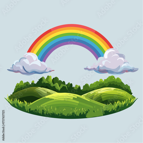 countryside hilly landscape with dark clouds and a vibrant rainbow