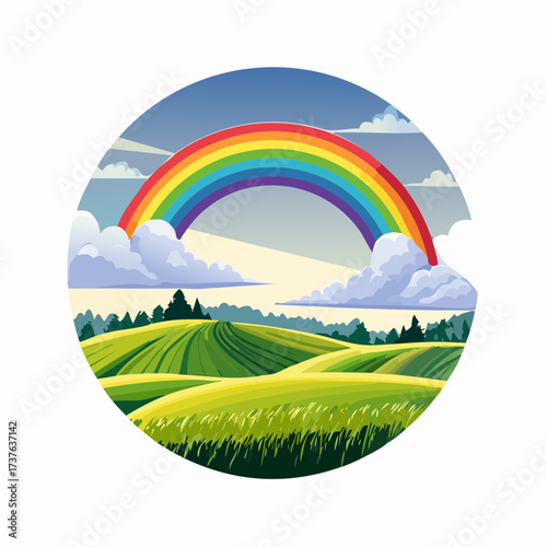 countryside hilly landscape with dark clouds and a vibrant rainbow