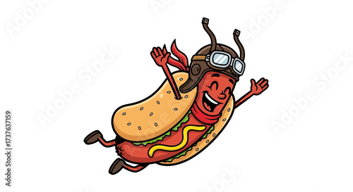 Humorous flying hotdog character with aviator helmet and a scarf isolated background