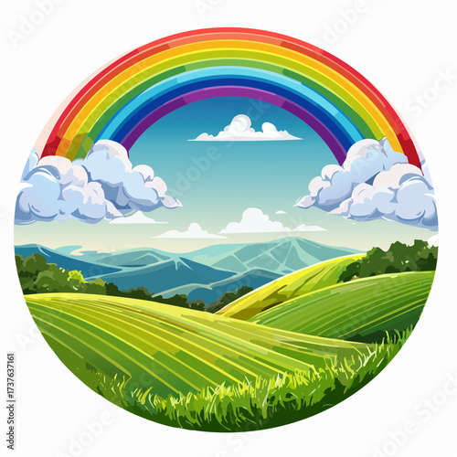 countryside hilly landscape with dark clouds and a vibrant rainbow