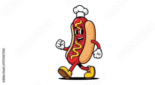Cartoon hot dog character wearing chef hat walking cheerfully with mustard detail
