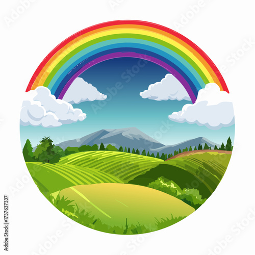 countryside hilly landscape with dark clouds and a vibrant rainbow