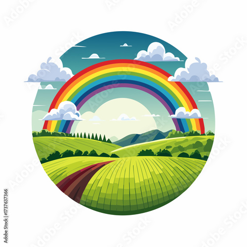 countryside hilly landscape with dark clouds and a vibrant rainbow